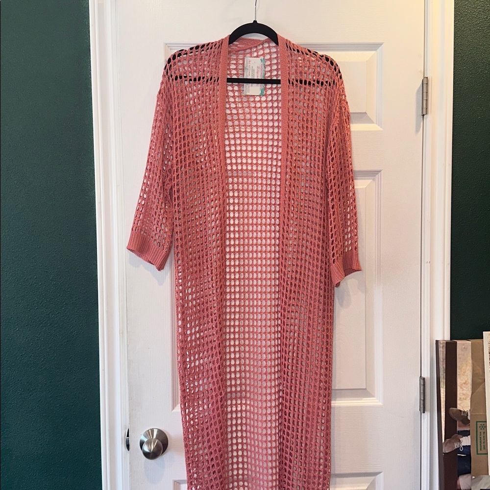 Dusty rose meets Salmon Pink Open Knit maxi Cardigan  NEW with tags size Small